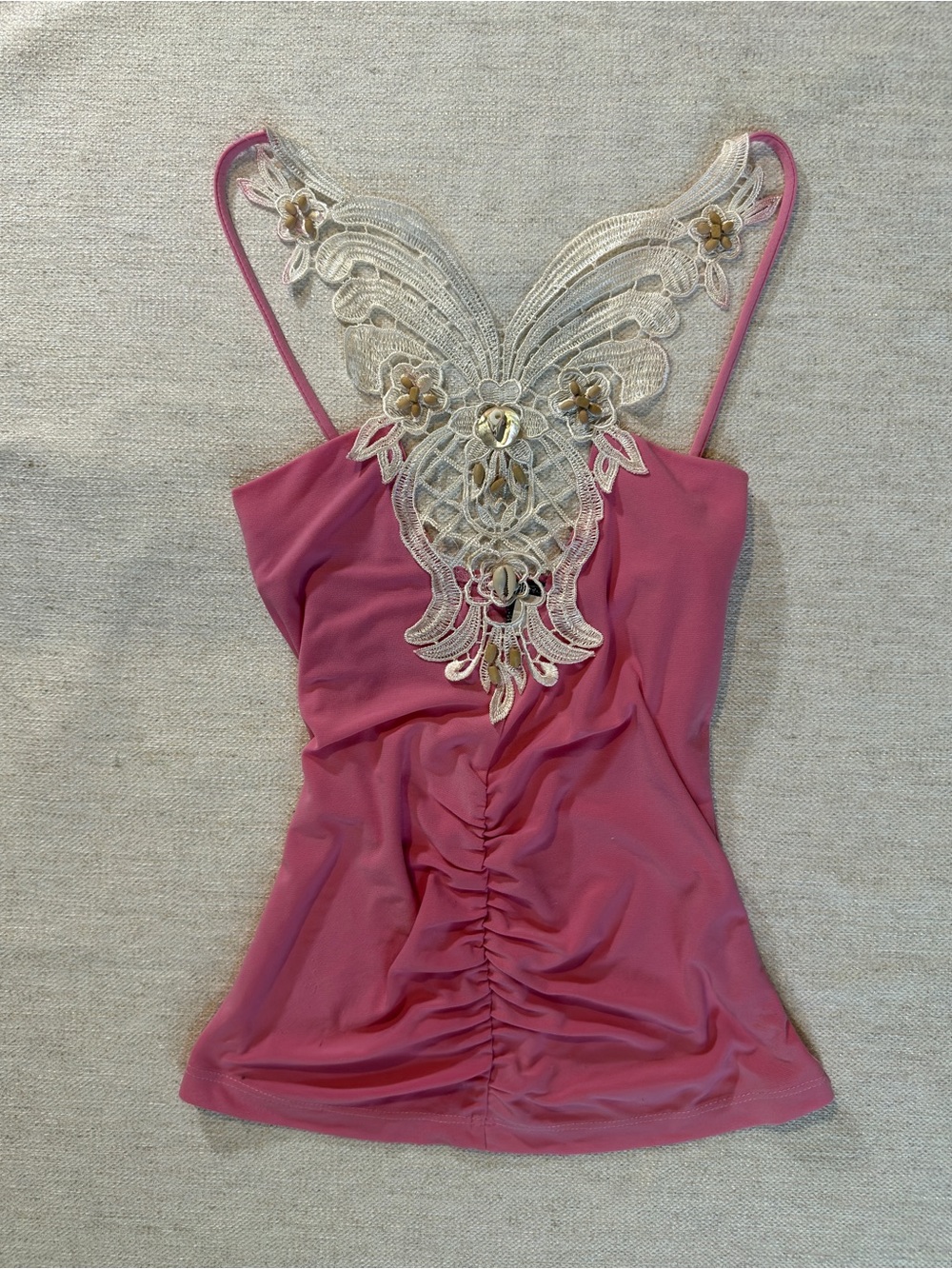 chic Pink Camisole with Cream Lace Butterfly Back
